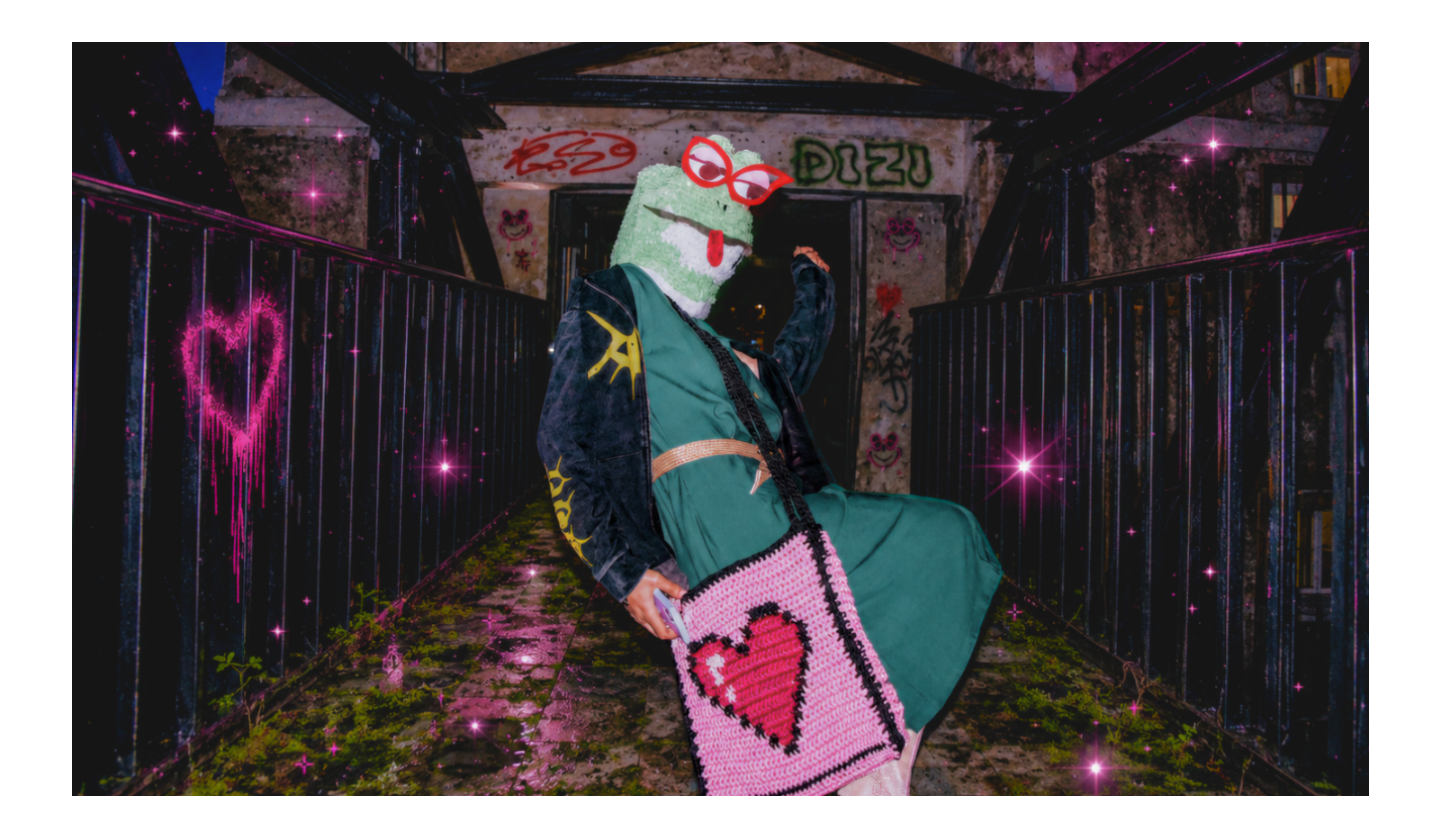 Person wearing a colorful outfit with a heart design in an urban setting with graffiti.