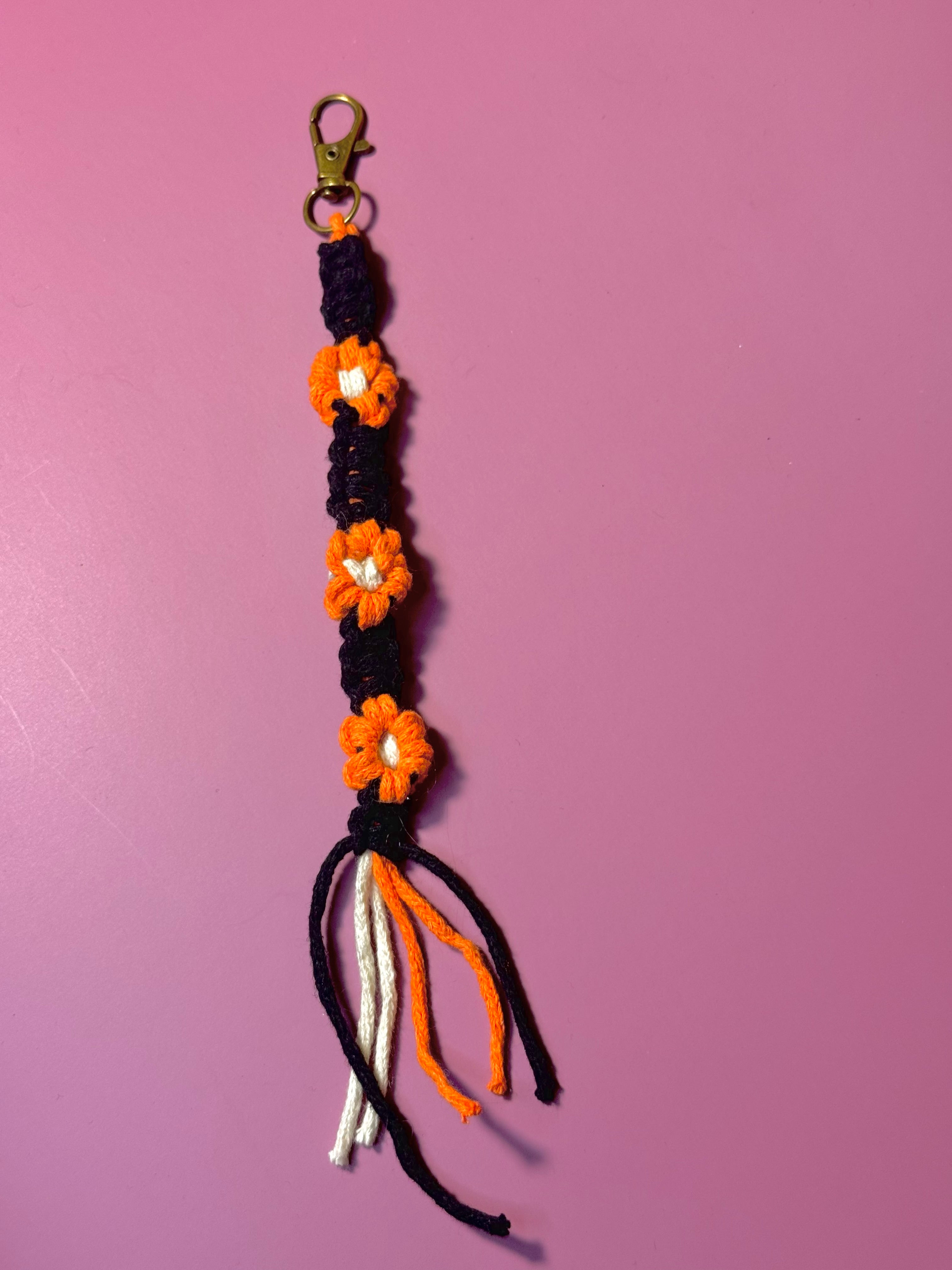 Hand-braided Floral Macramé Bag Charm (Black & Orange)